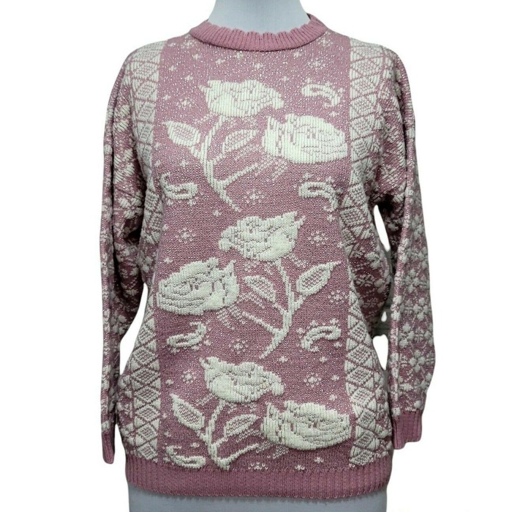 Private Eyes Vintage 80s Pink Floral‎ Rose Metallic Lurex Knit Sweater USA